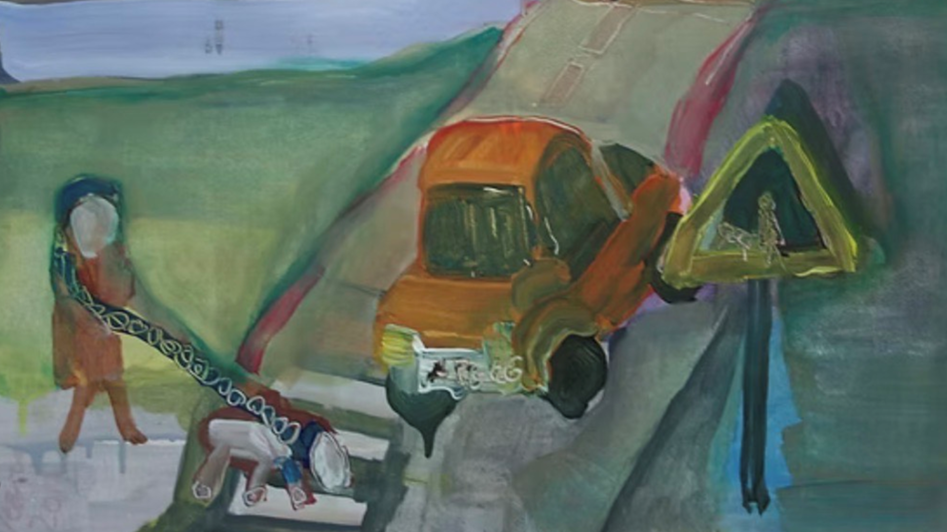 Maalaus suojatietä ylittävästä koiranulkoiluttajasta