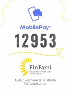 Kuvassa MobilePay numero 12953, V-S FinFamin logo ja alareunassa teksti "Auta tukemaan läheistyötä. #lähesjokainen"